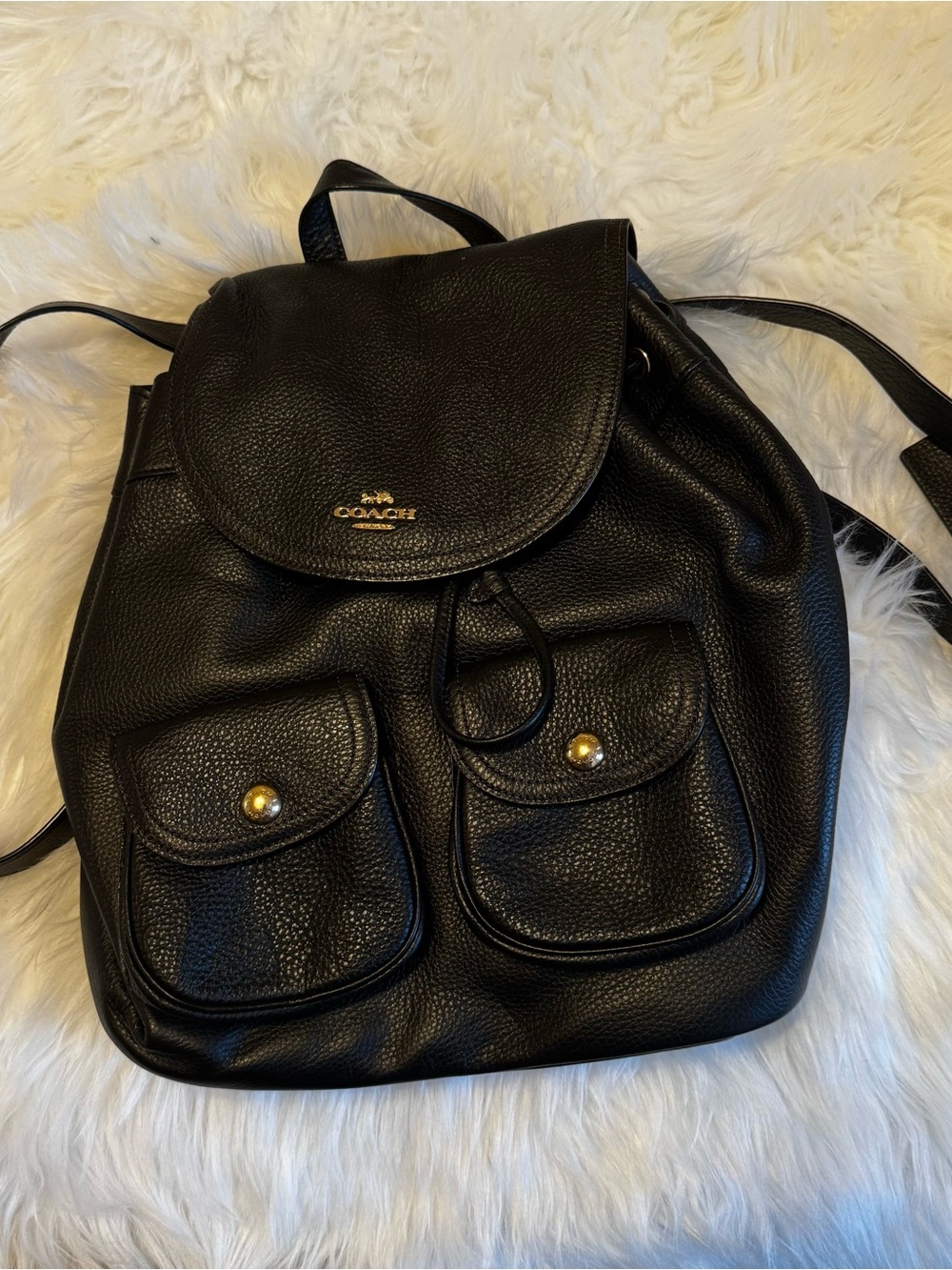 Coach Black Pebbled Leather Drawstring Backpack with Front Flap